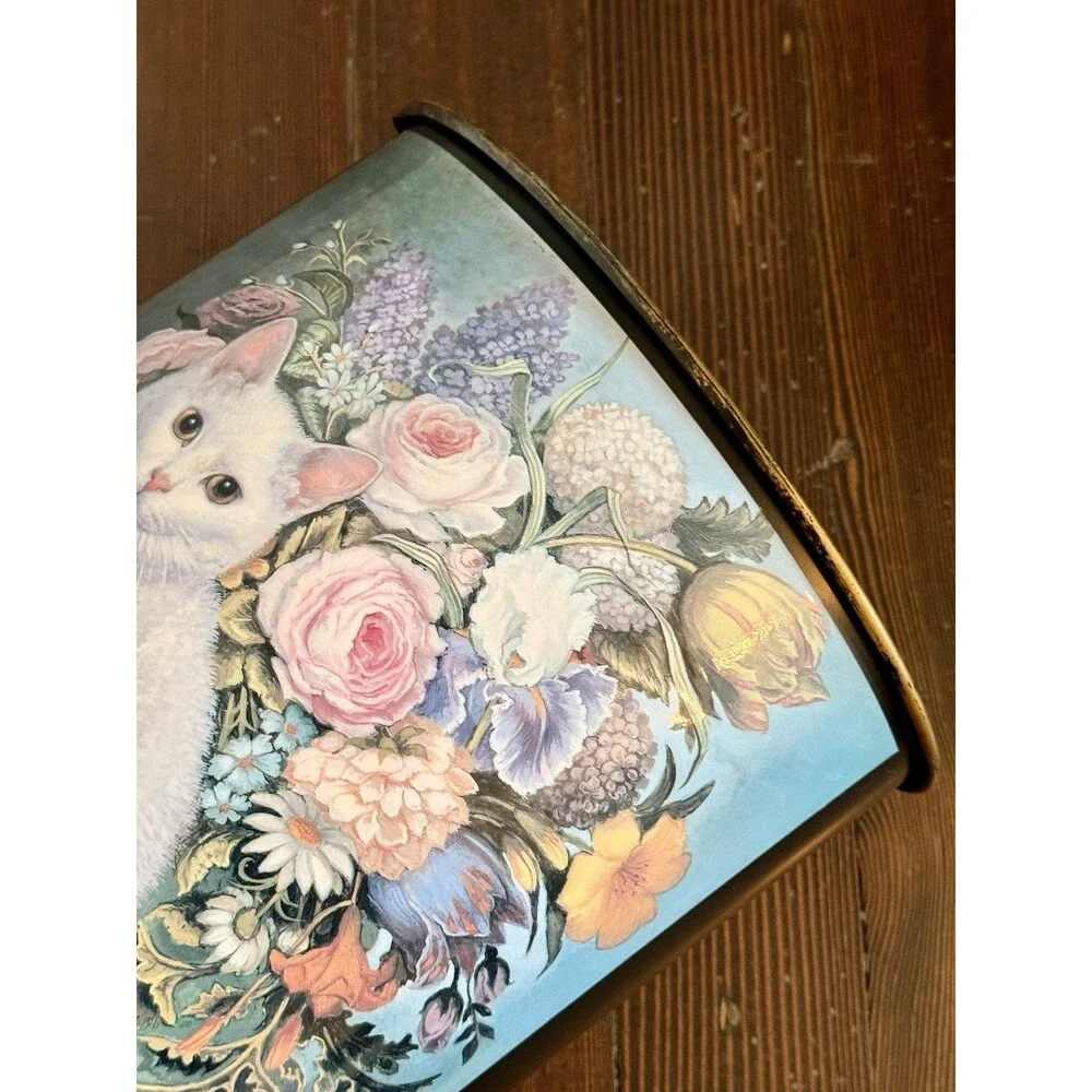 White CAT With Flowers Metal Trash Can Waste Basket Decor 1970’s Vintage